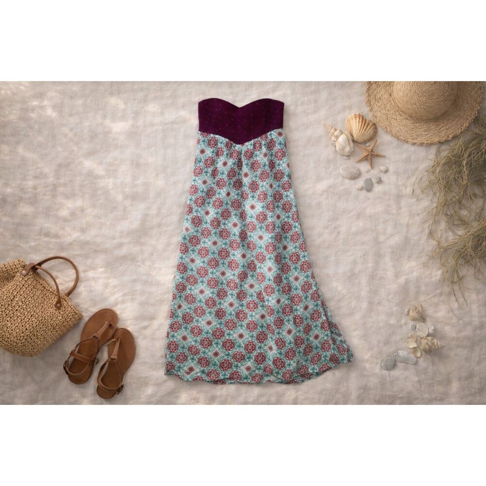 Roxy Strapless Sundress Boho Midi Turquoise Rust Beach Vacation Summer Dress